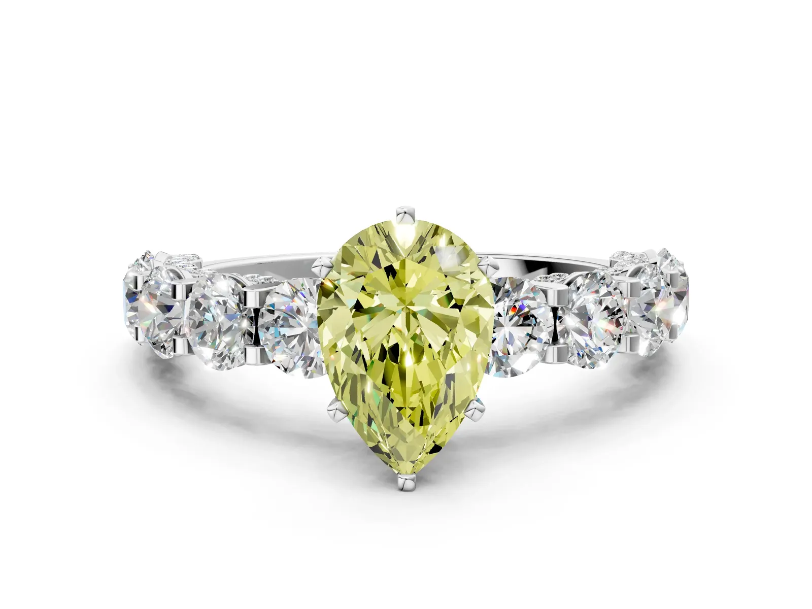 Fancy Yellow Pear Cut Diamond Side Stone Engagement Ring with Four-Prong Setting White gold