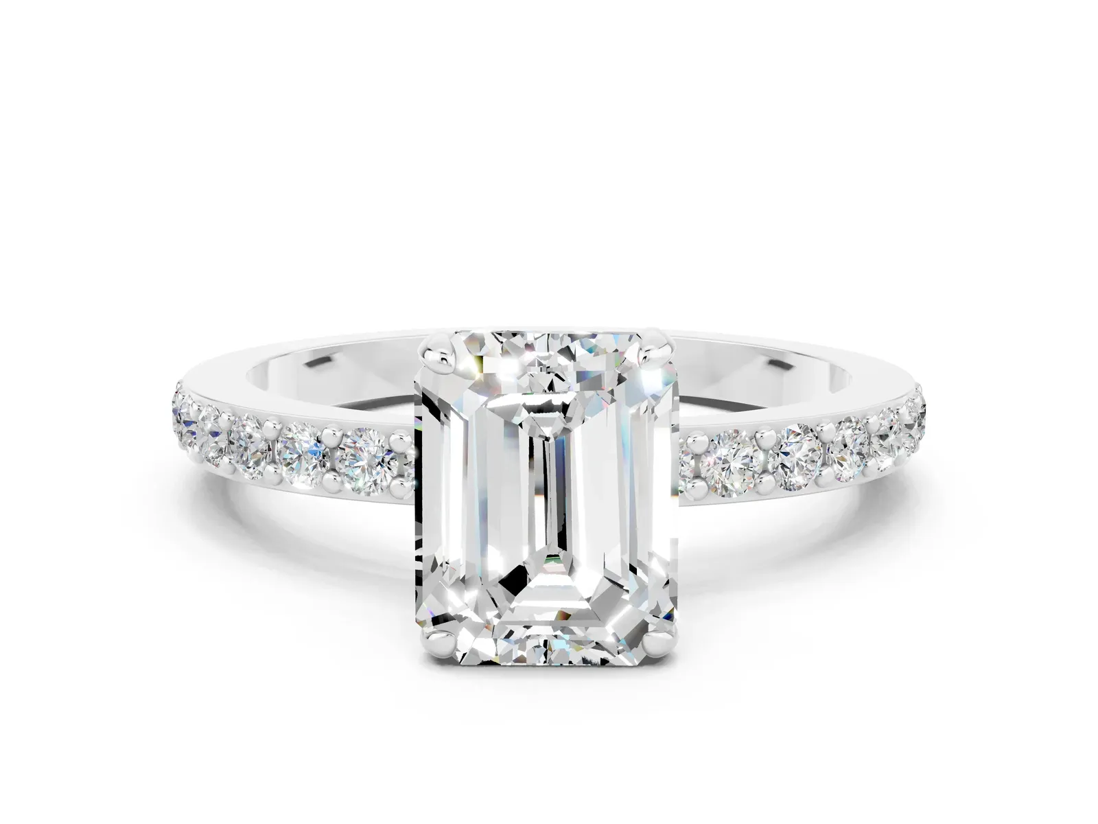 Emerald Cut Moissanite Solitaire Engagement Ring with Pavé Band and Four-Prong Setting Platinum