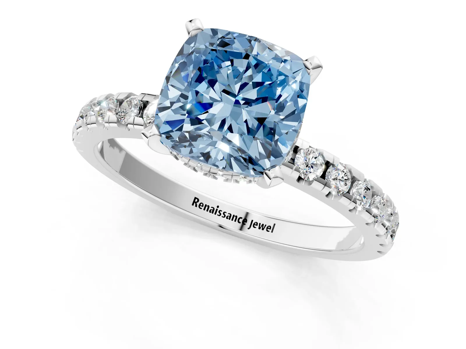 Fancy Blue Cushion Cut Diamond Solitaire Ring with Round Pavé Band and Four-Prong Setting Platinum