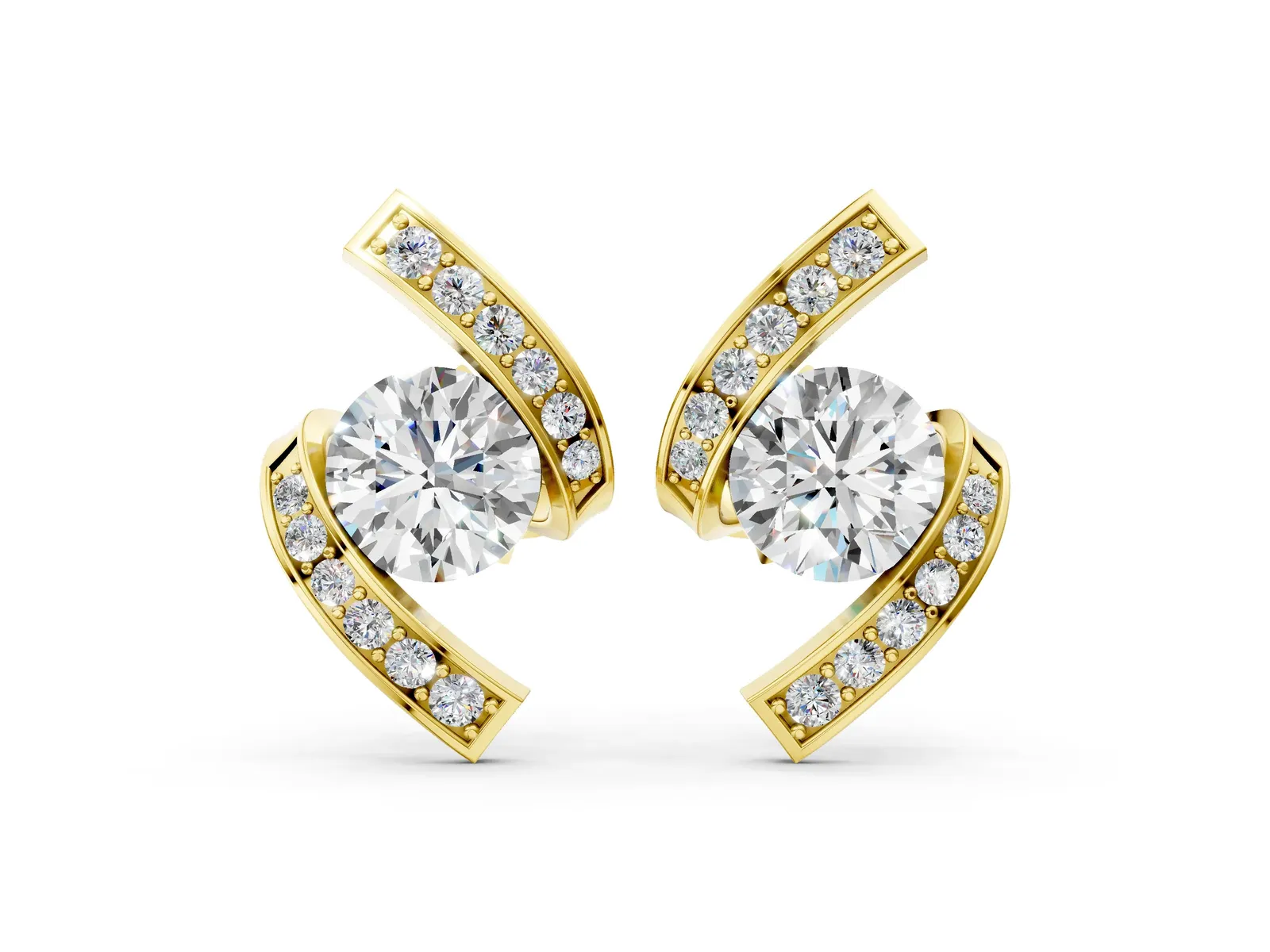 Round Diamond Curve Wave Stud Earrings Yellow gold