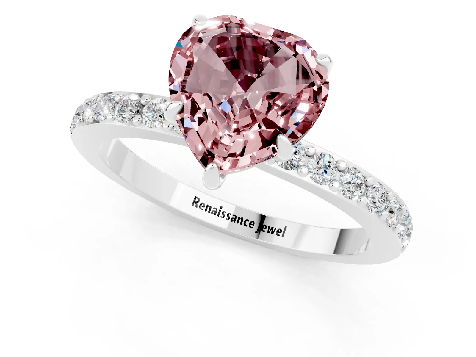 Heart Cut Morganite Solitaire Engagement Ring with Pavé Band and Four-Prong Setting Platinum