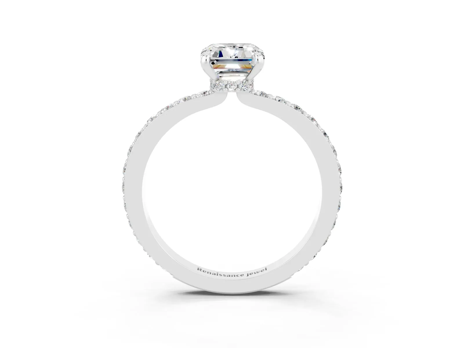 Emerald Cut Moissanite Solitaire Engagement Ring with Pavé Band and Four-Prong Setting Platinum