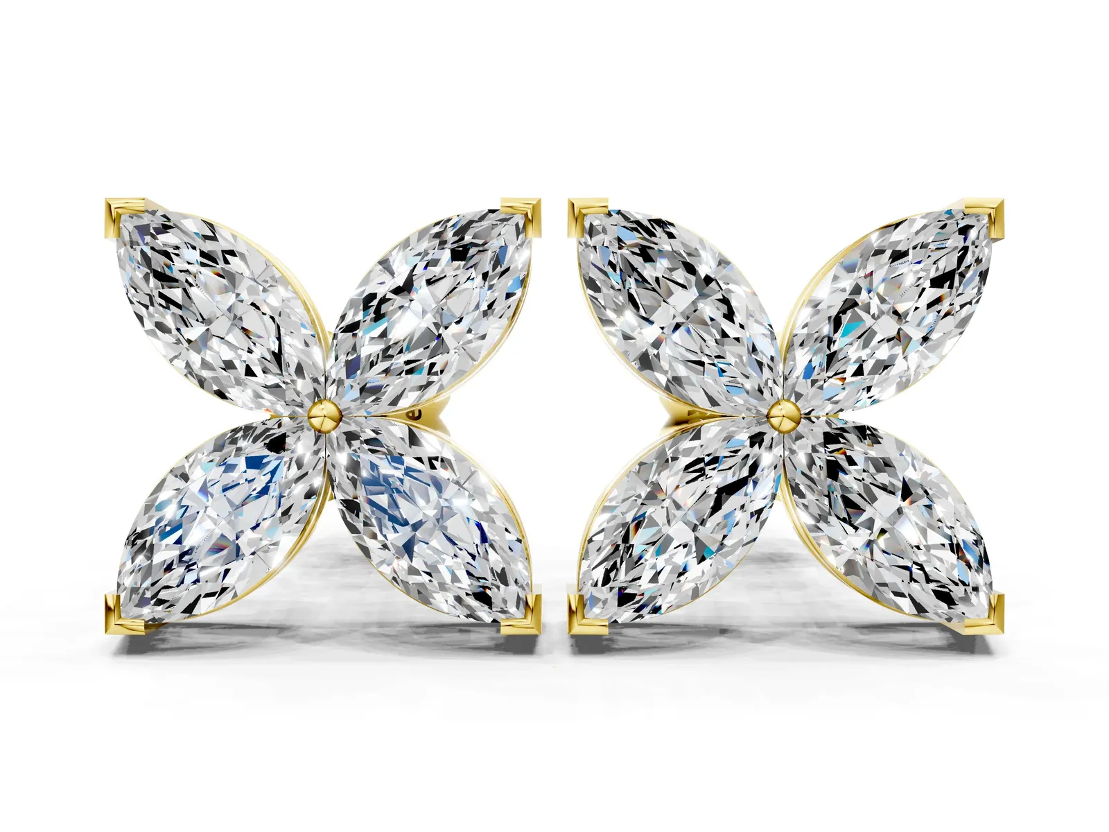 Marquise Cut Diamond Flower Stud Earrings Yellow gold