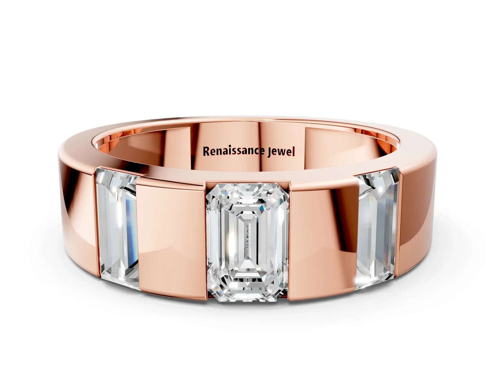 Emerald Cut Diamond Three-Stone Mens Ring with Baguette Side Stones Rose gold