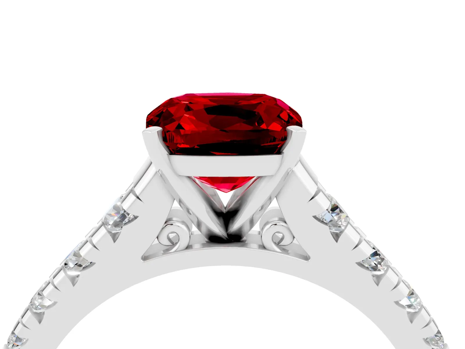 Cushion Cut Ruby Cathedral Solitaire Ring with Round Pavé Band Platinum