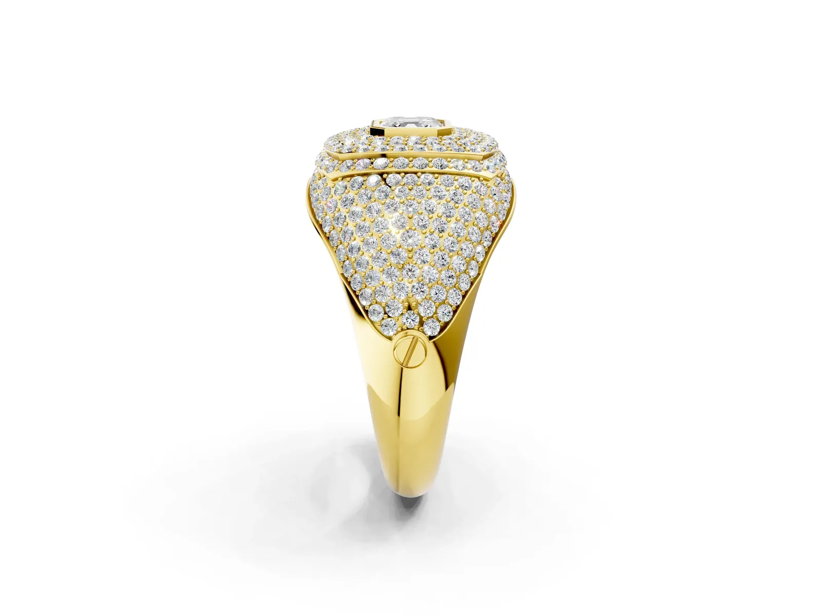 Asscher Cut Diamond Bezel Set Pavé Dome Mens Ring Yellow gold