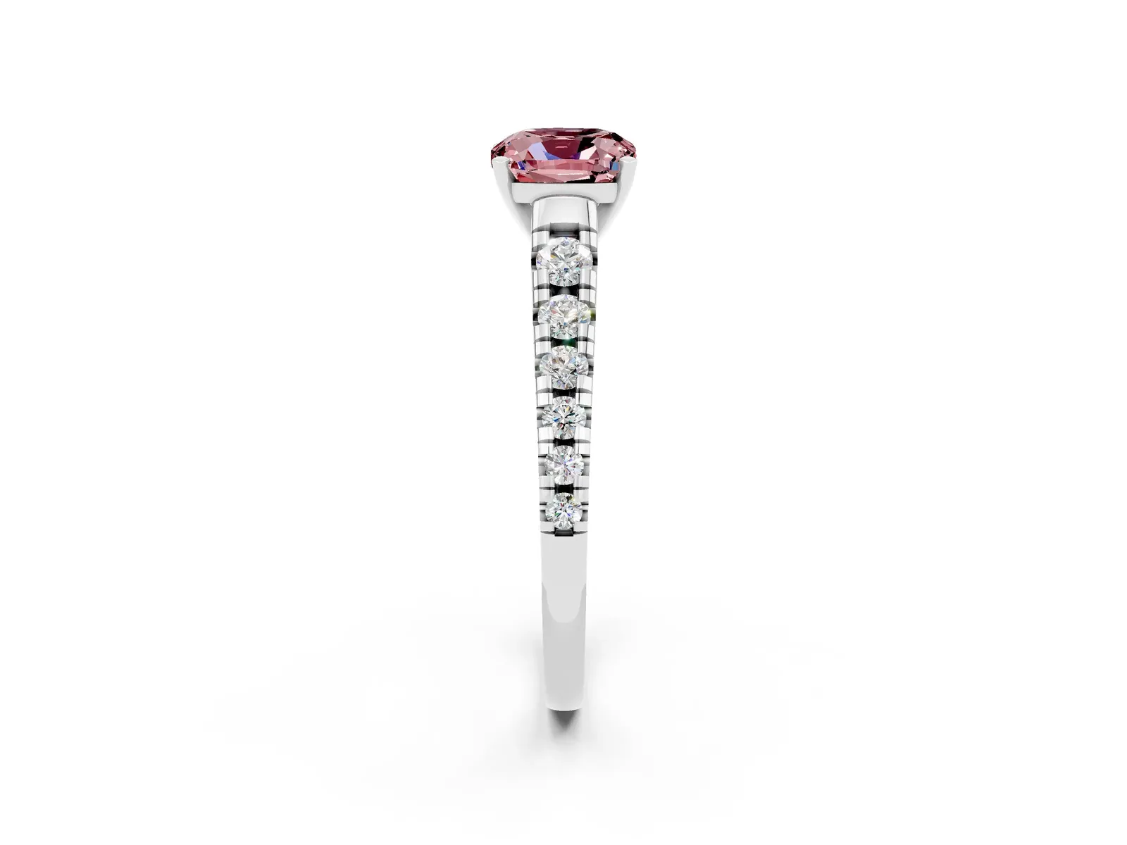 Cushion Cut Morganite Cathedral Solitaire Ring with Round Pavé Band Platinum