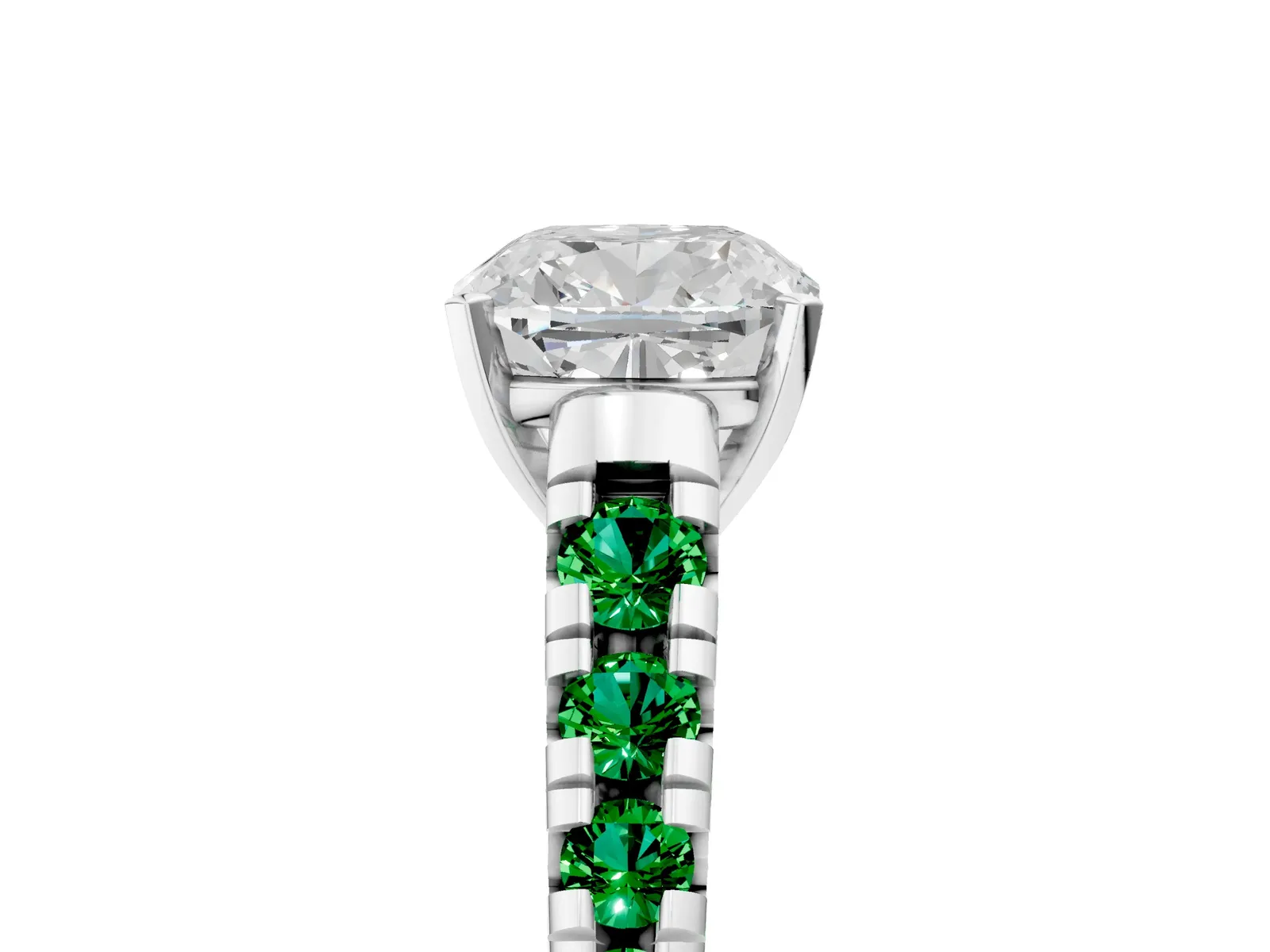 Cushion Cut Diamond Cathedral Solitaire Ring with Round Emerald Pavé Band Platinum