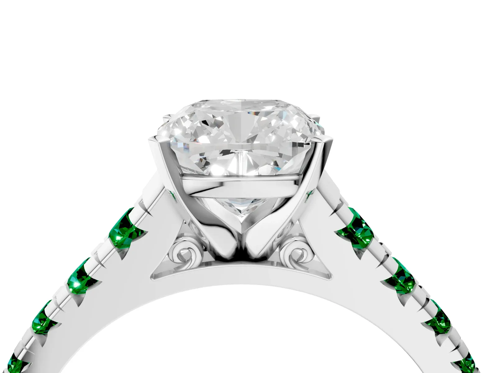 Cushion Cut Diamond Cathedral Solitaire Ring with Round Emerald Pavé Band Platinum