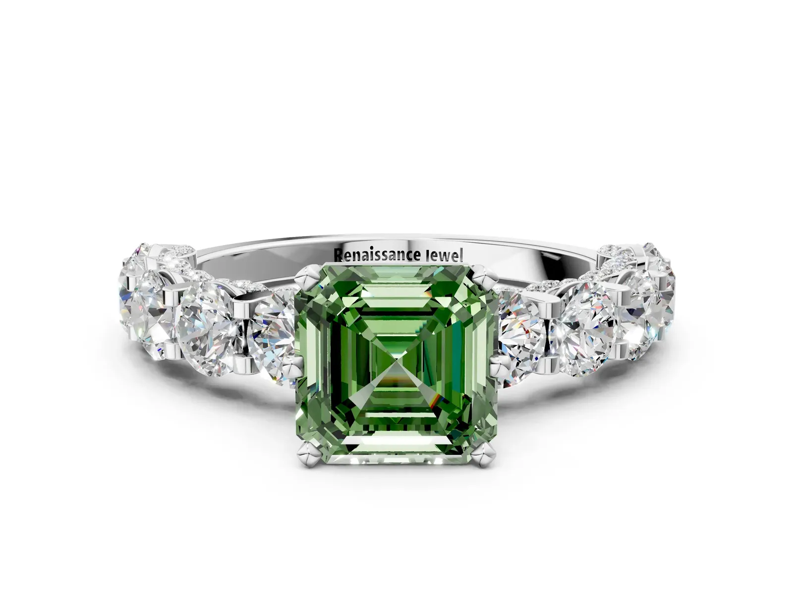 Fancy Green Asscher Cut Diamond Side Stone Engagement Ring with Four-Prong Setting White gold
