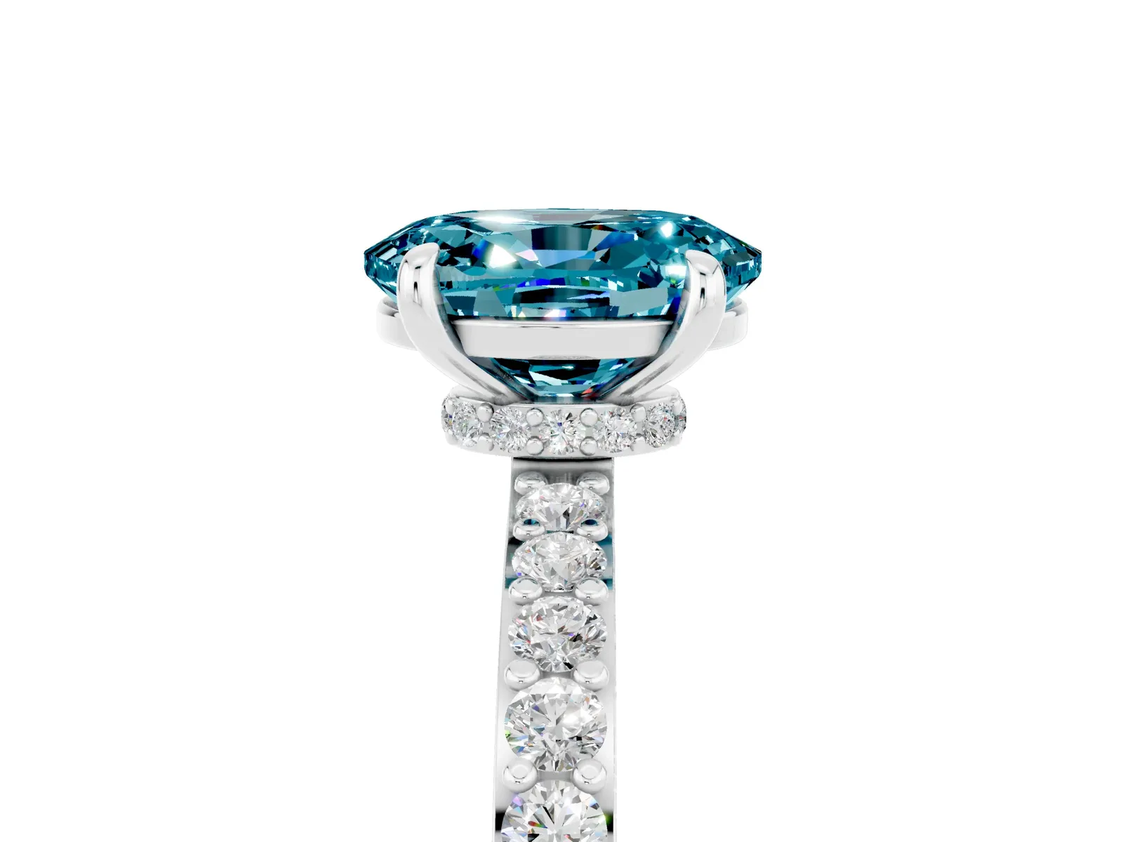 Oval Cut Blue Topaz Solitaire Engagement Ring with Pavé Band and Four-Prong Setting Platinum