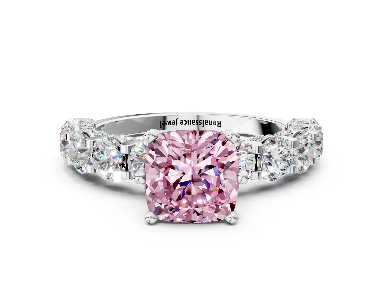 Fancy Pink Cushion Cut Diamond Side Stone Engagement Ring with Four-Prong Setting Platinum