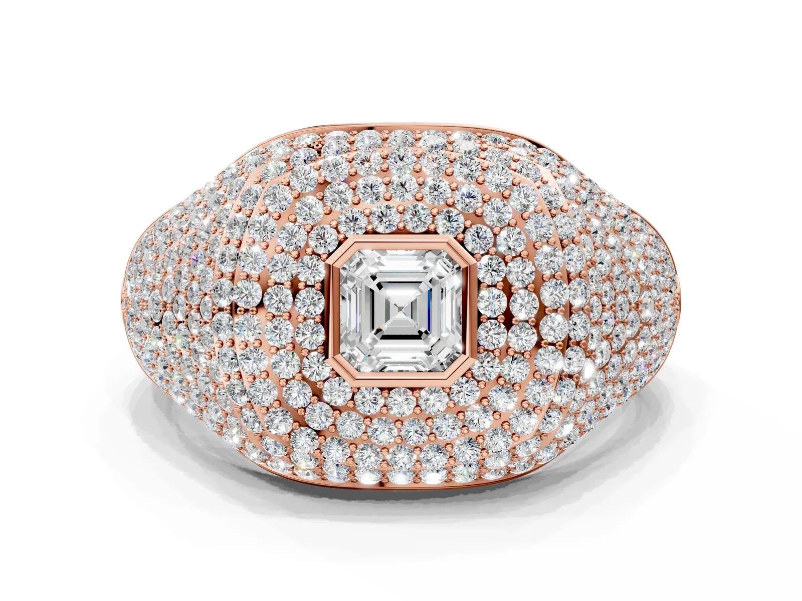 Asscher Cut Diamond Bezel Set Pavé Dome Mens Ring Rose gold