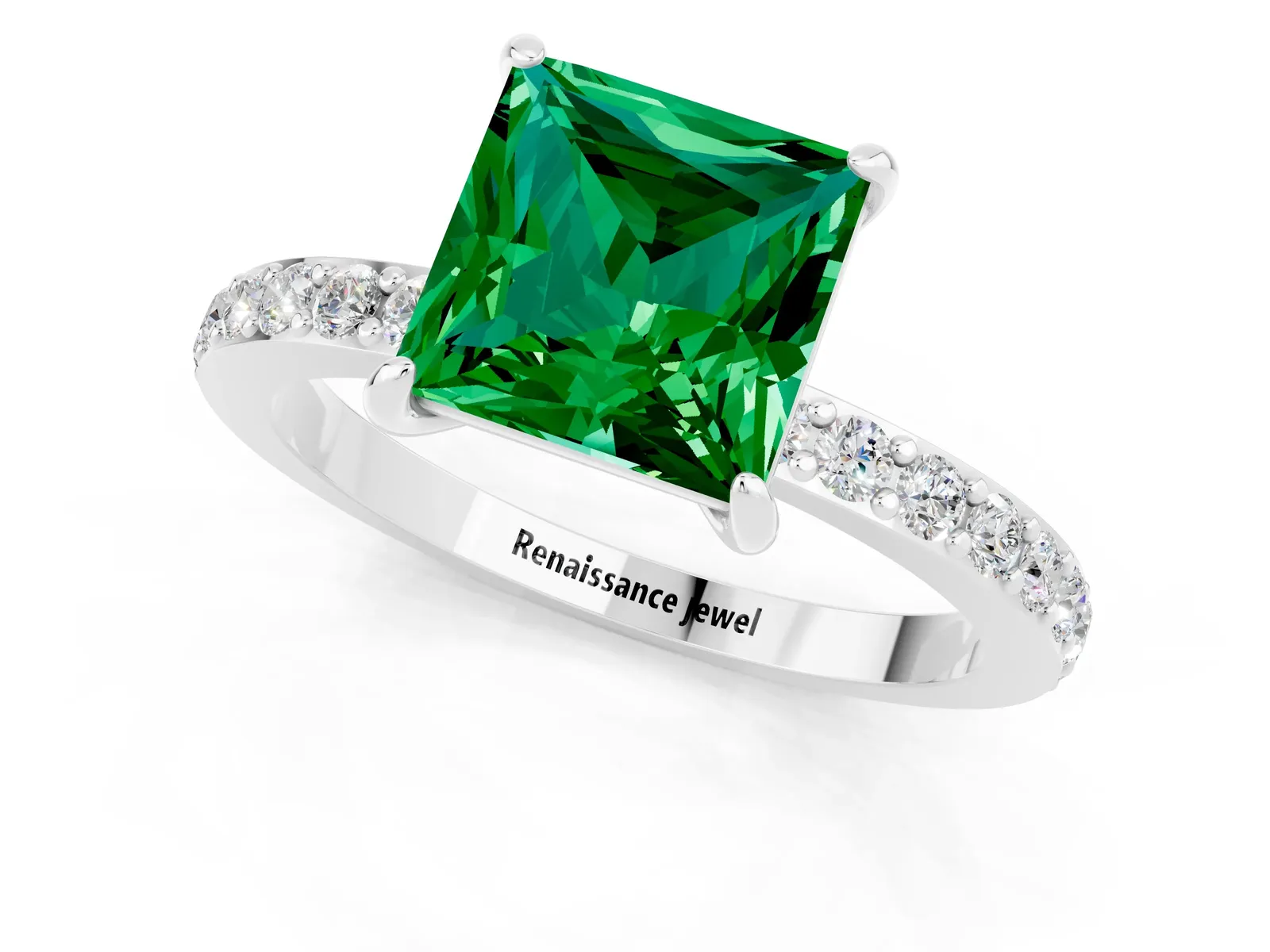 Princess Cut Emerald Solitaire Engagement Ring with Pavé Band and Four-Prong Setting Platinum