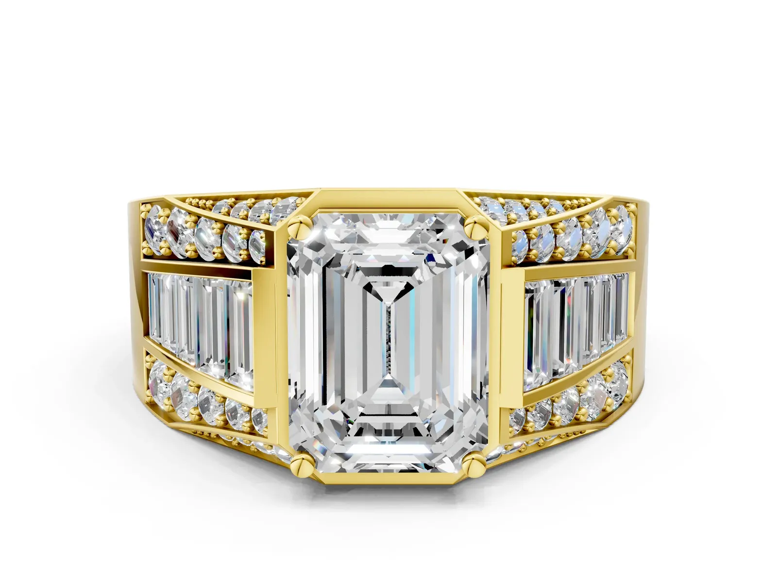 Emerald Cut Diamond Mens Ring with Baguette Side Stones Yellow gold