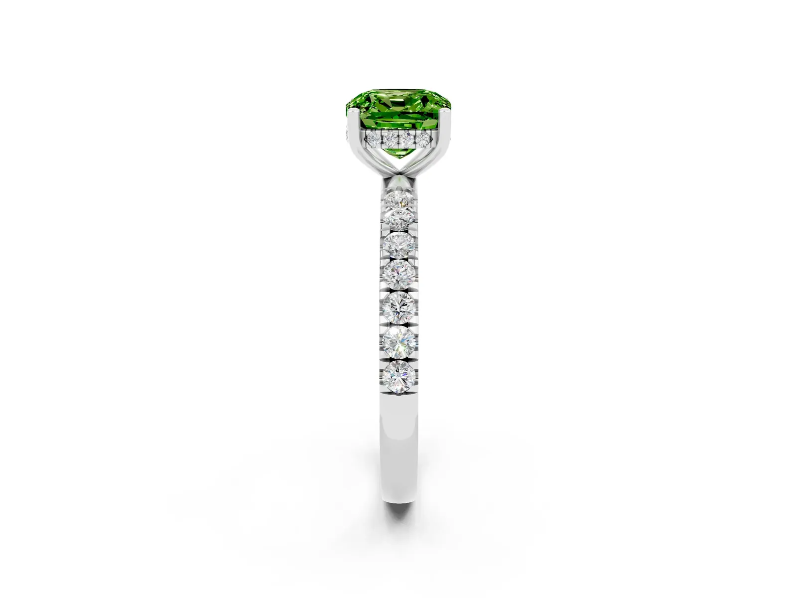 Cushion Cut Peridot Pave Band Solitaire Ring with Round and Prong Setting Platinum
