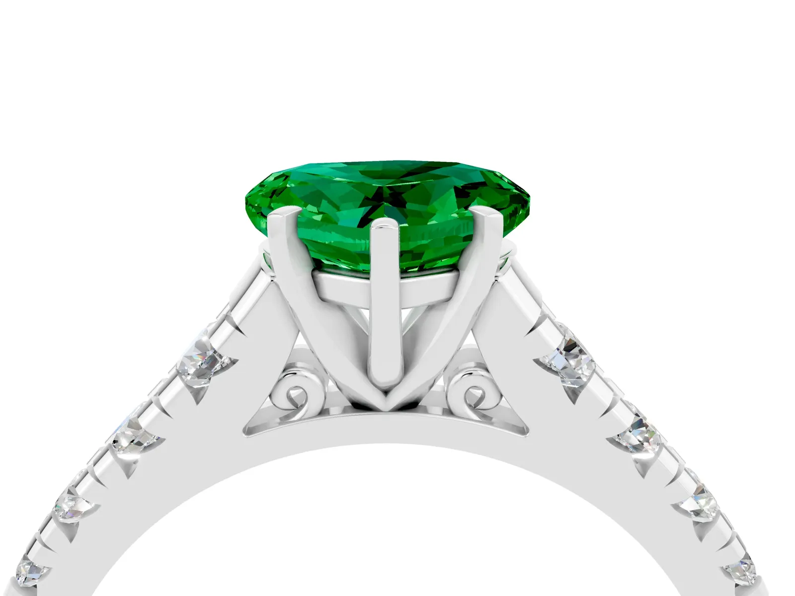 Heart Cut Emerald Cathedral Solitaire Ring with Round Pavé Band Platinum