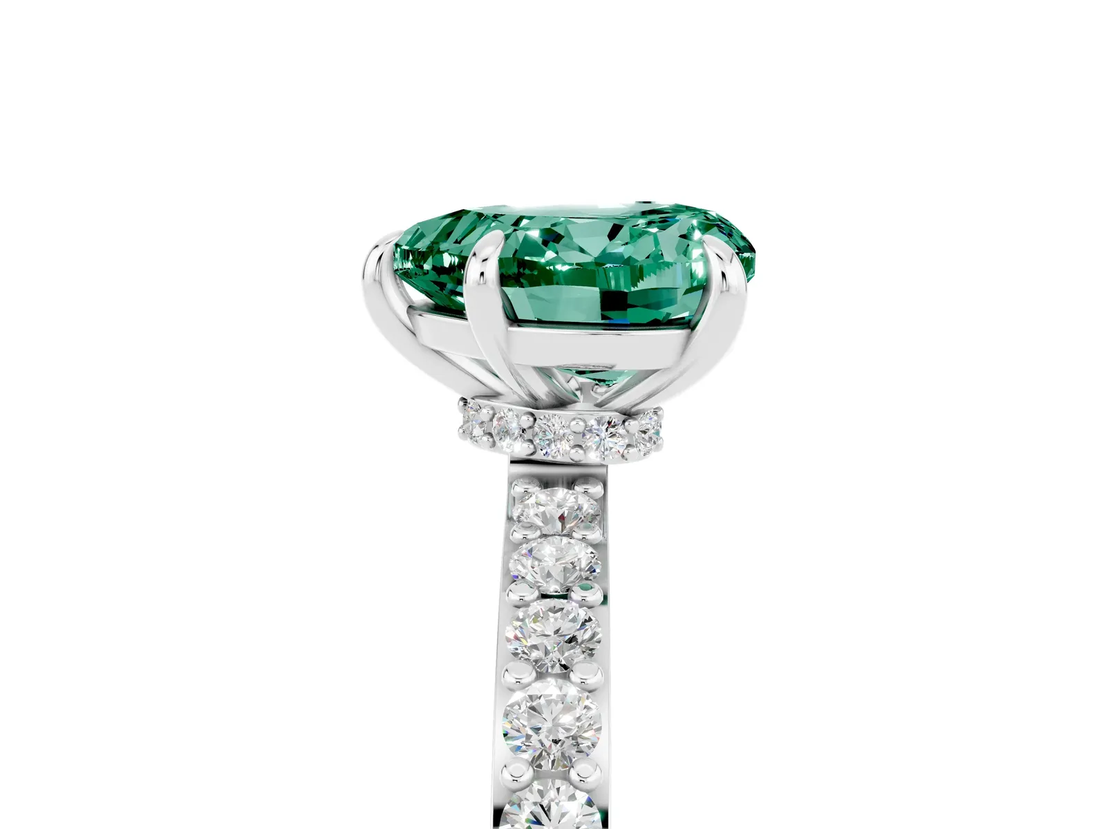 Heart Cut Green Sapphire Solitaire Engagement Ring with Pavé Band and Four-Prong Setting Platinum