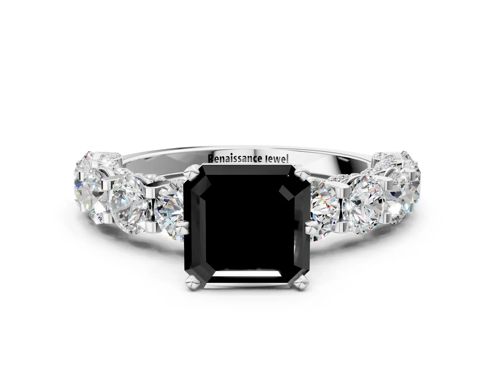 Fancy Black Asscher Cut Diamond Side Stone Engagement Ring with Four-Prong Setting White gold