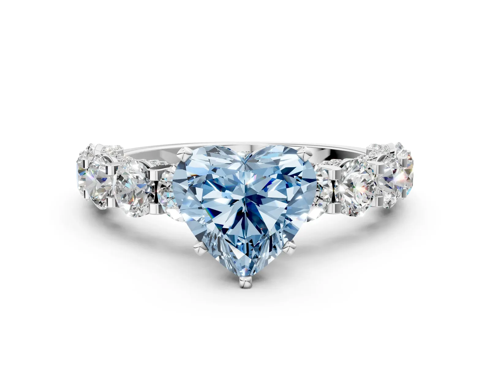 Fancy Blue Heart Cut Diamond Side Stone Engagement Ring with Four-Prong Setting White gold