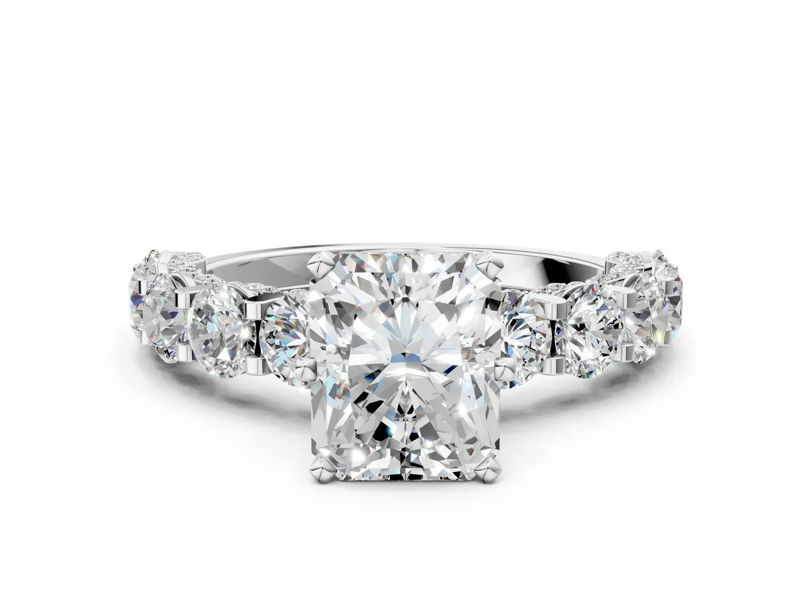 Radiant Cut Diamond Side Stone Engagement Ring with Four-Prong Setting White gold