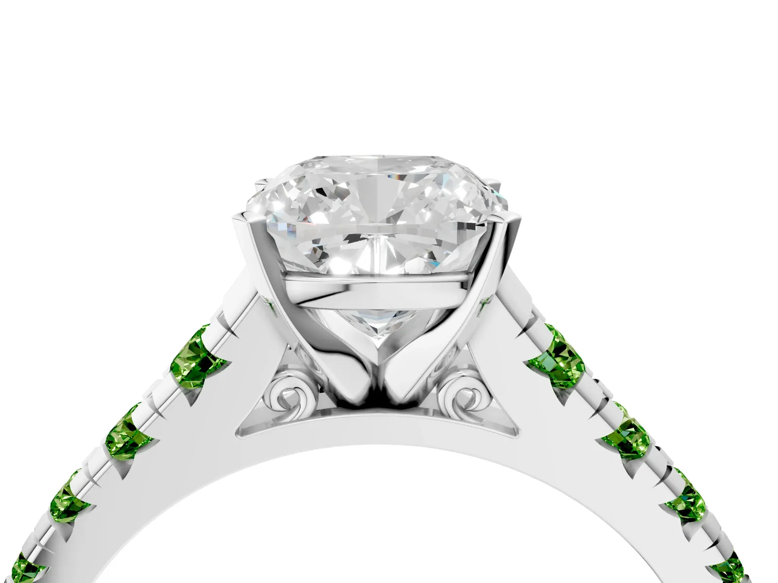Cushion Cut Diamond Cathedral Solitaire Ring with Round Peridot Pavé Band Platinum
