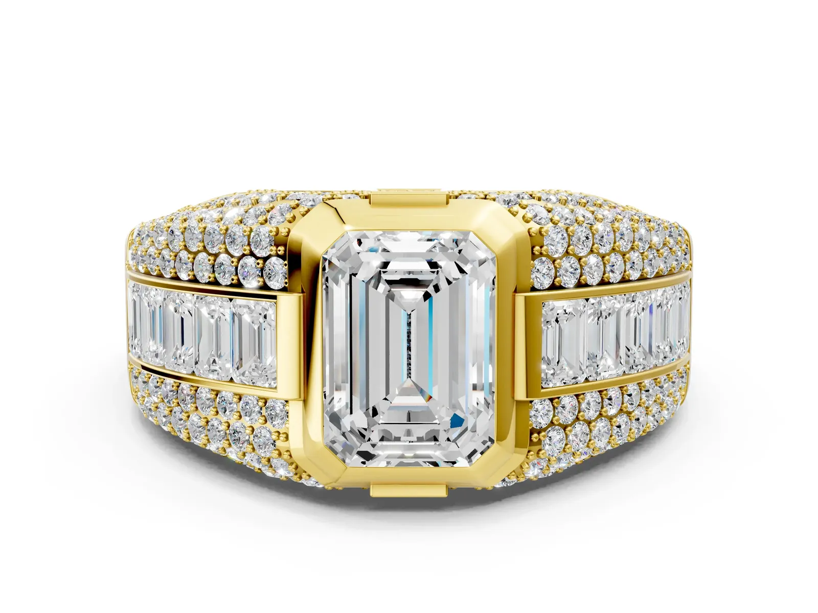 Emerald Cut Diamond Mens Ring with Side Stones Yellow gold