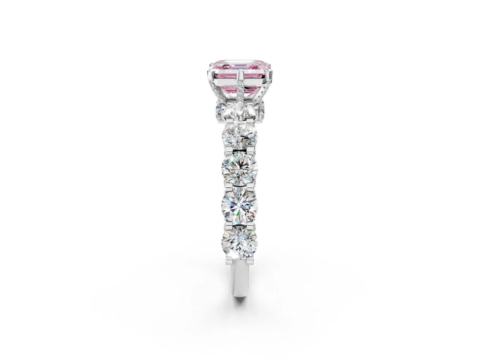Fancy Pink Asscher Cut Diamond Side Stone Engagement Ring with Four-Prong Setting Platinum
