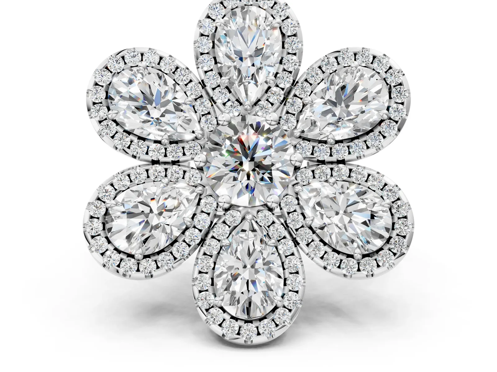 Pear Diamond Floral Promise Ring with Round Diamond Center Platinum