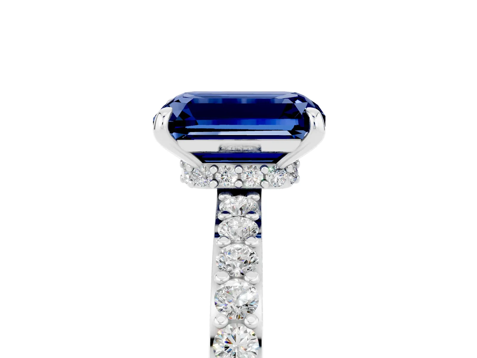 Emerald Cut Blue Sapphire Solitaire Engagement Ring with Pavé Band and Four-Prong Setting Platinum