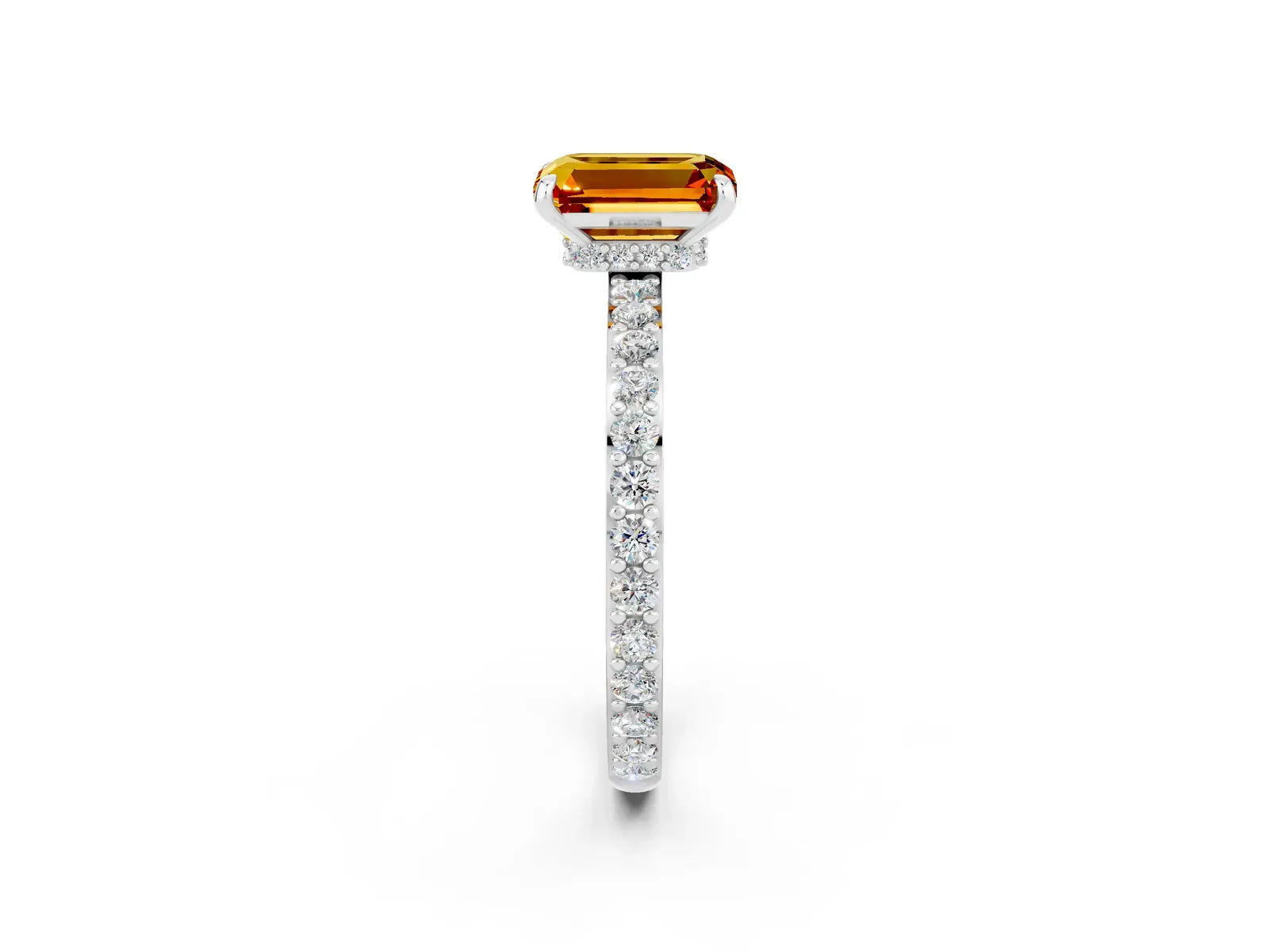 Emerald Cut Citrine Solitaire Engagement Ring with Pavé Band and Four-Prong Setting Platinum