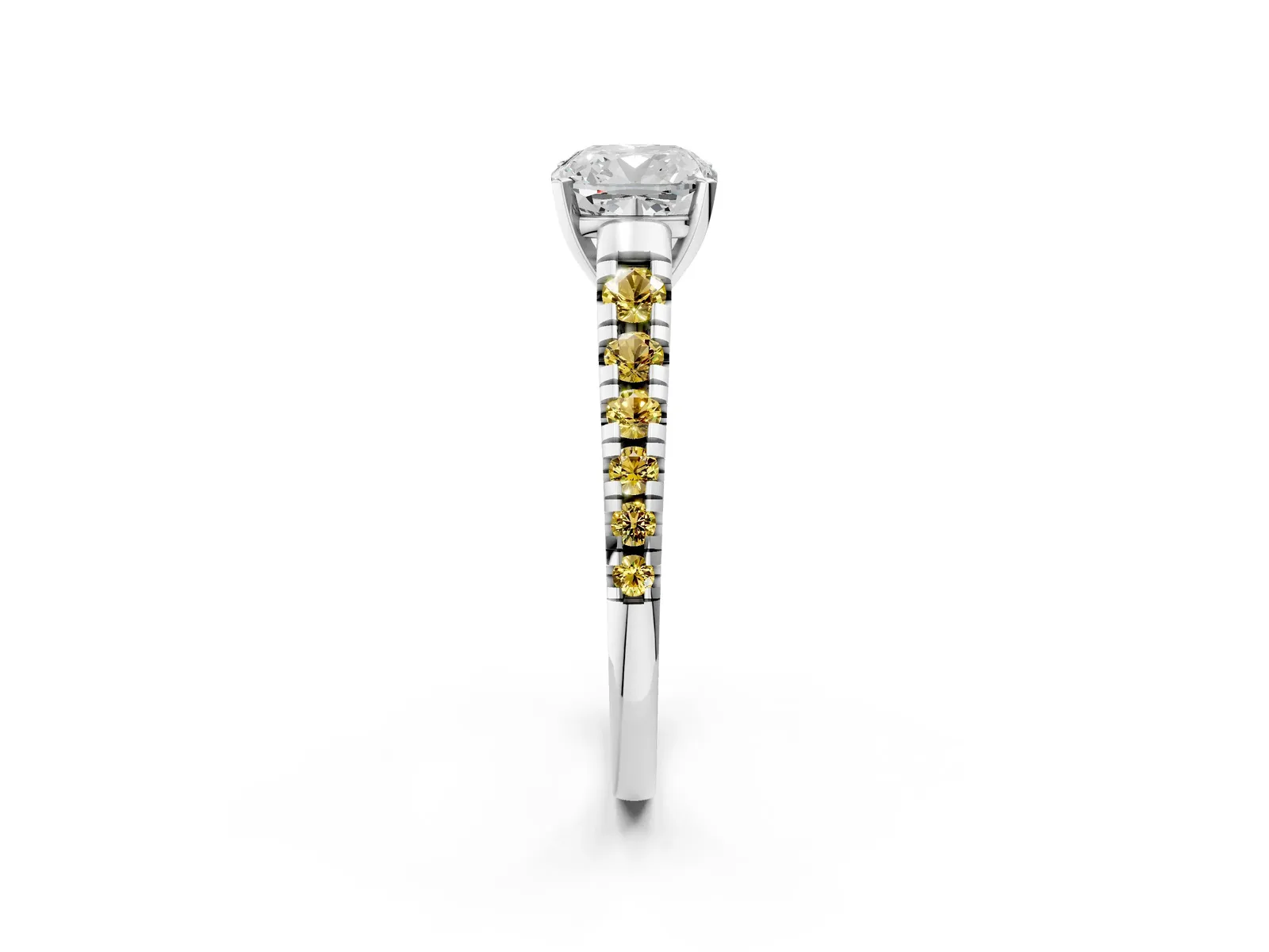 Cushion Cut Diamond Cathedral Solitaire Ring with Round Yellow Sapphire Pavé Band Platinum