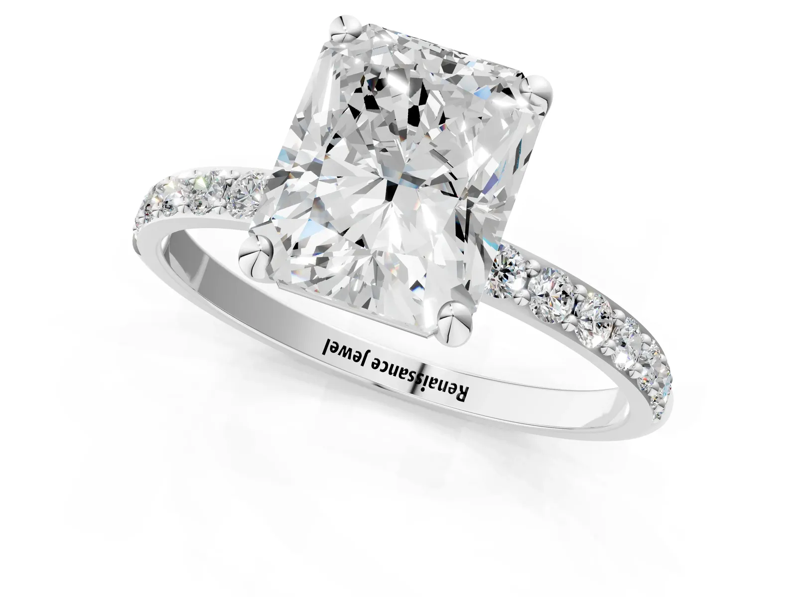 Radiant Cut Diamond Solitaire Ring with Round Pavé Band and Prong Setting Platinum