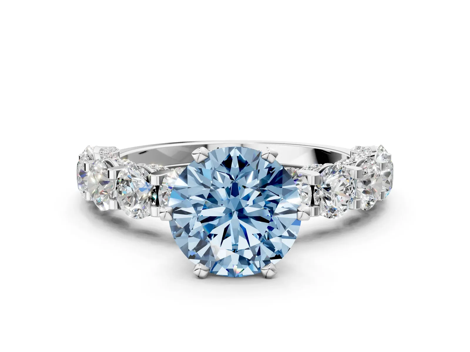 Fancy Blue Round Cut Diamond Side Stone Engagement Ring with Four-Prong Setting White gold