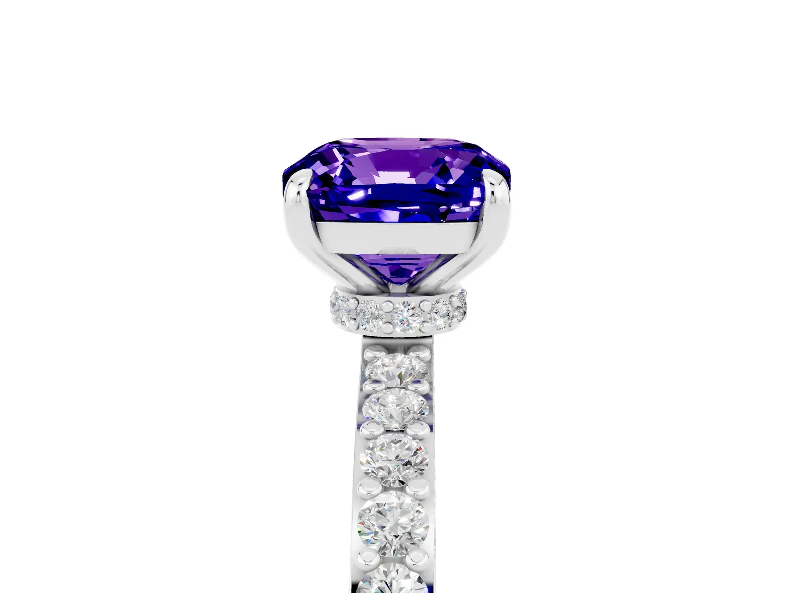 Cushion Cut Tanzanite Solitaire Engagement Ring with Pavé Band and Four-Prong Setting Platinum