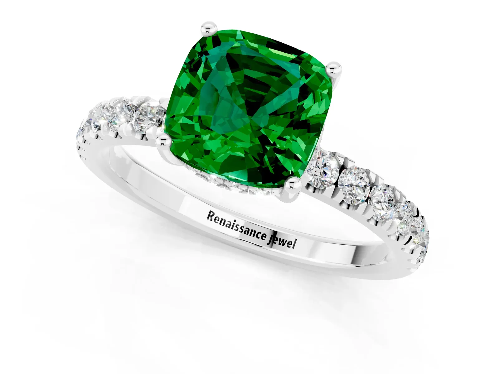 Cushion Cut Emerald Pave Band Solitaire Ring with Round and Prong Setting Platinum
