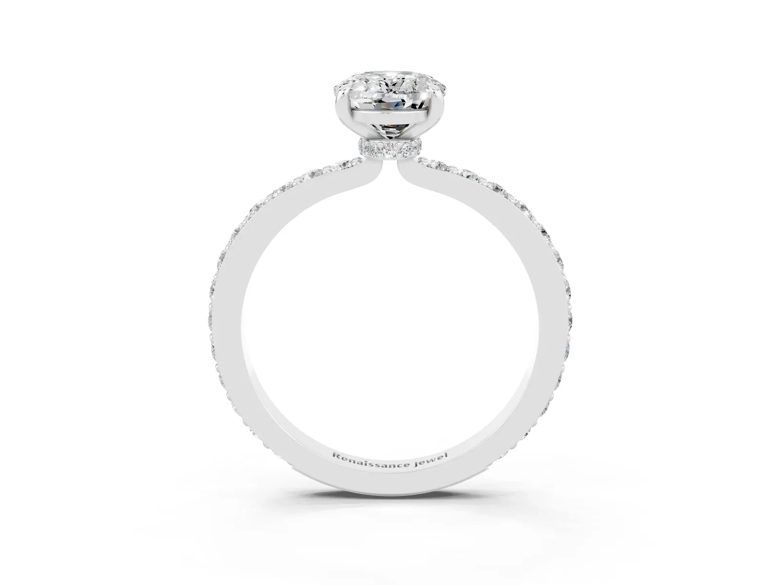 Oval Cut Moissanite Solitaire Engagement Ring with Pavé Band and Four-Prong Setting Platinum