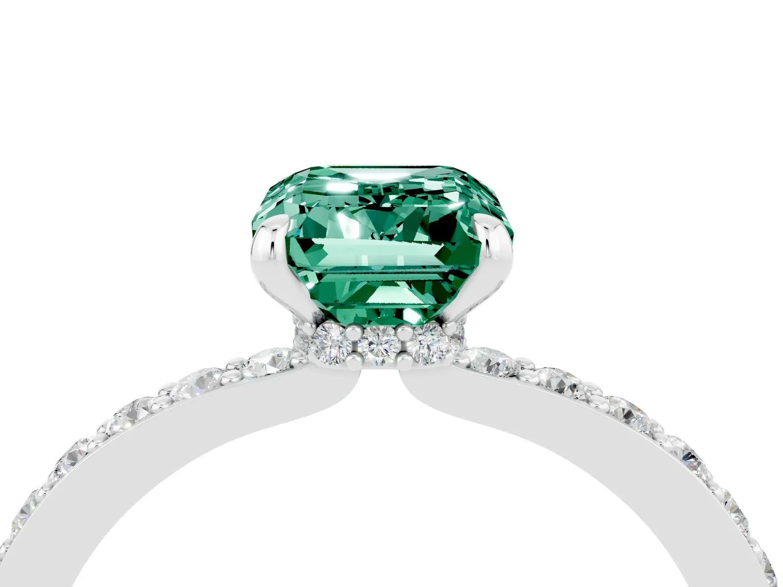 Emerald Cut Green Sapphire Solitaire Engagement Ring with Pavé Band and Four-Prong Setting Platinum