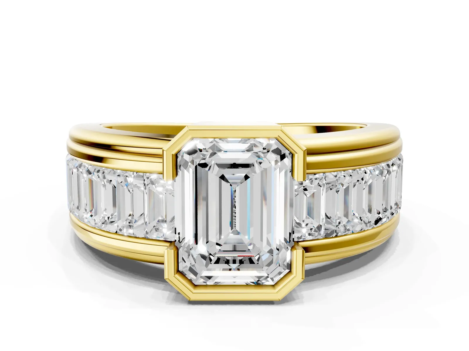 Emerald Cut Diamond Side Stone Engagement Ring Yellow gold