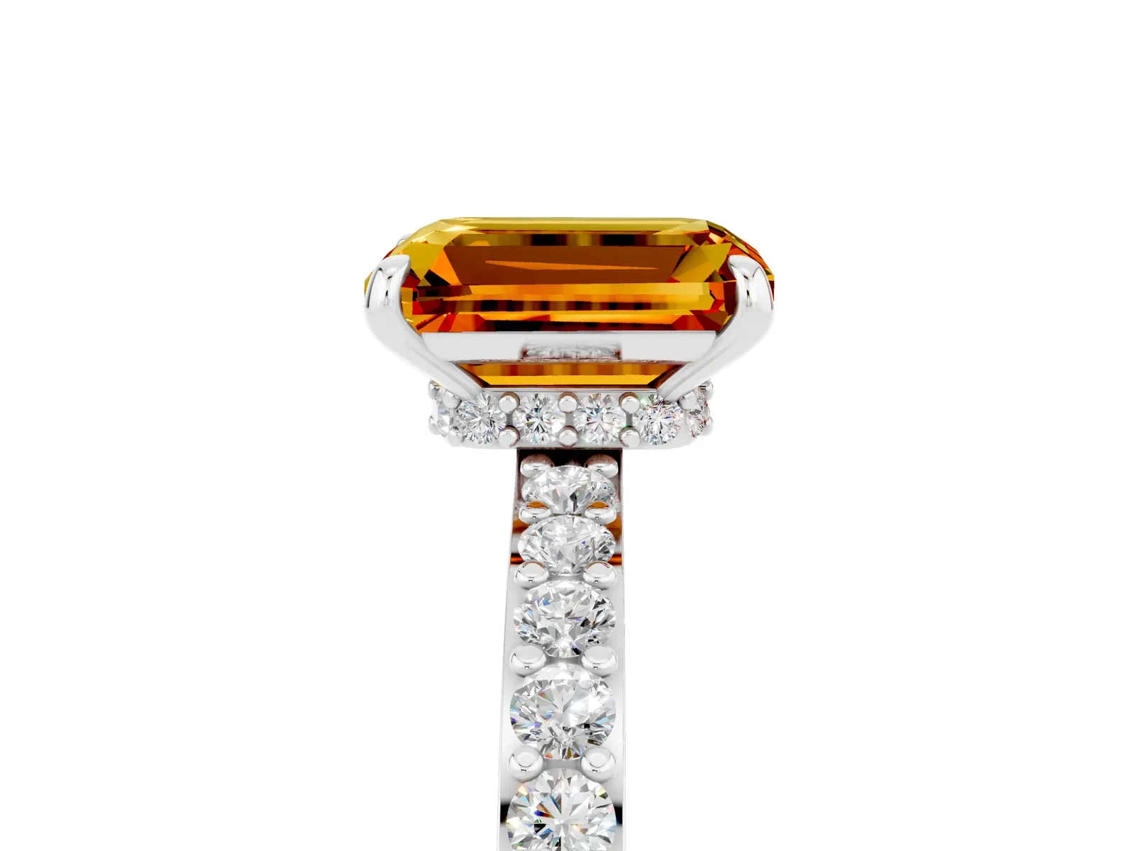 Emerald Cut Citrine Solitaire Engagement Ring with Pavé Band and Four-Prong Setting Platinum
