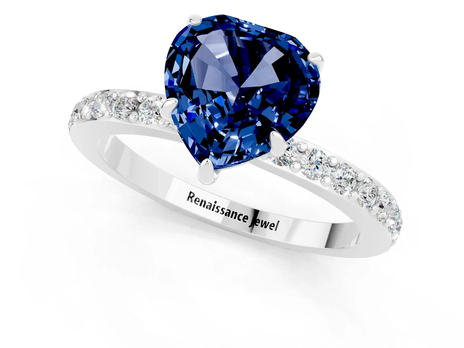 Heart Cut Blue Sapphire Solitaire Engagement Ring with Pavé Band and Four-Prong Setting Platinum