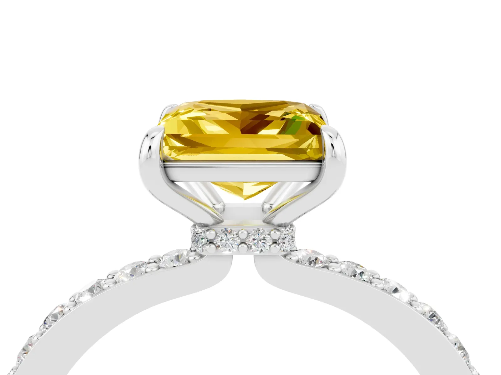 Princess Cut Yellow Sapphire Solitaire Engagement Ring with Pavé Band and Four-Prong Setting Platinum