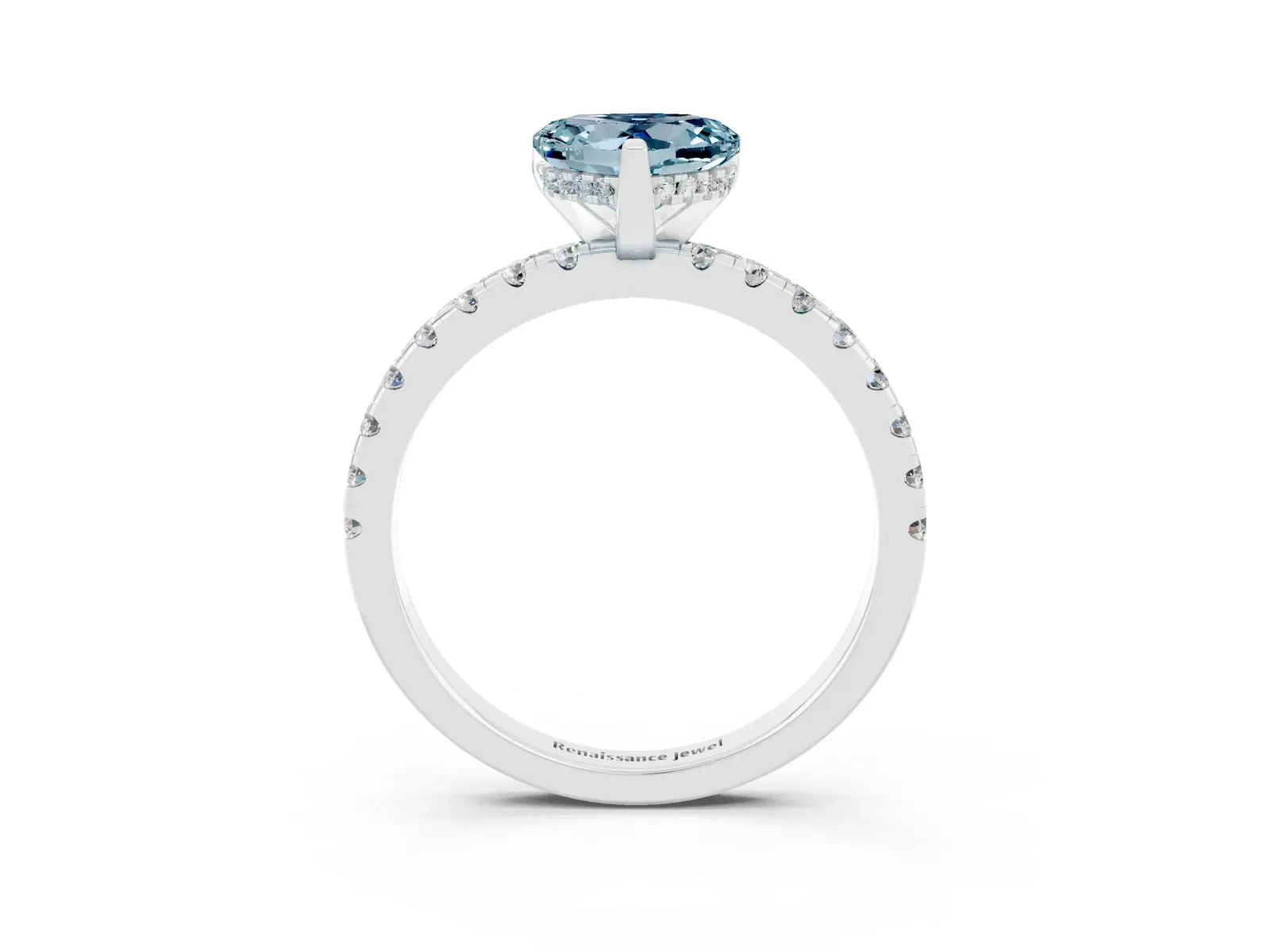 Heart Cut Aquamarine Solitaire Ring with Round Pavé Band and Four-Prong Setting Platinum