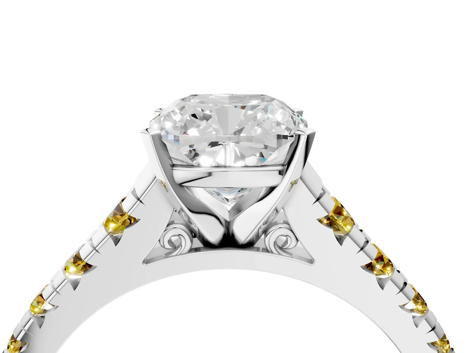 Cushion Cut Diamond Cathedral Solitaire Ring with Round Yellow Sapphire Pavé Band Platinum