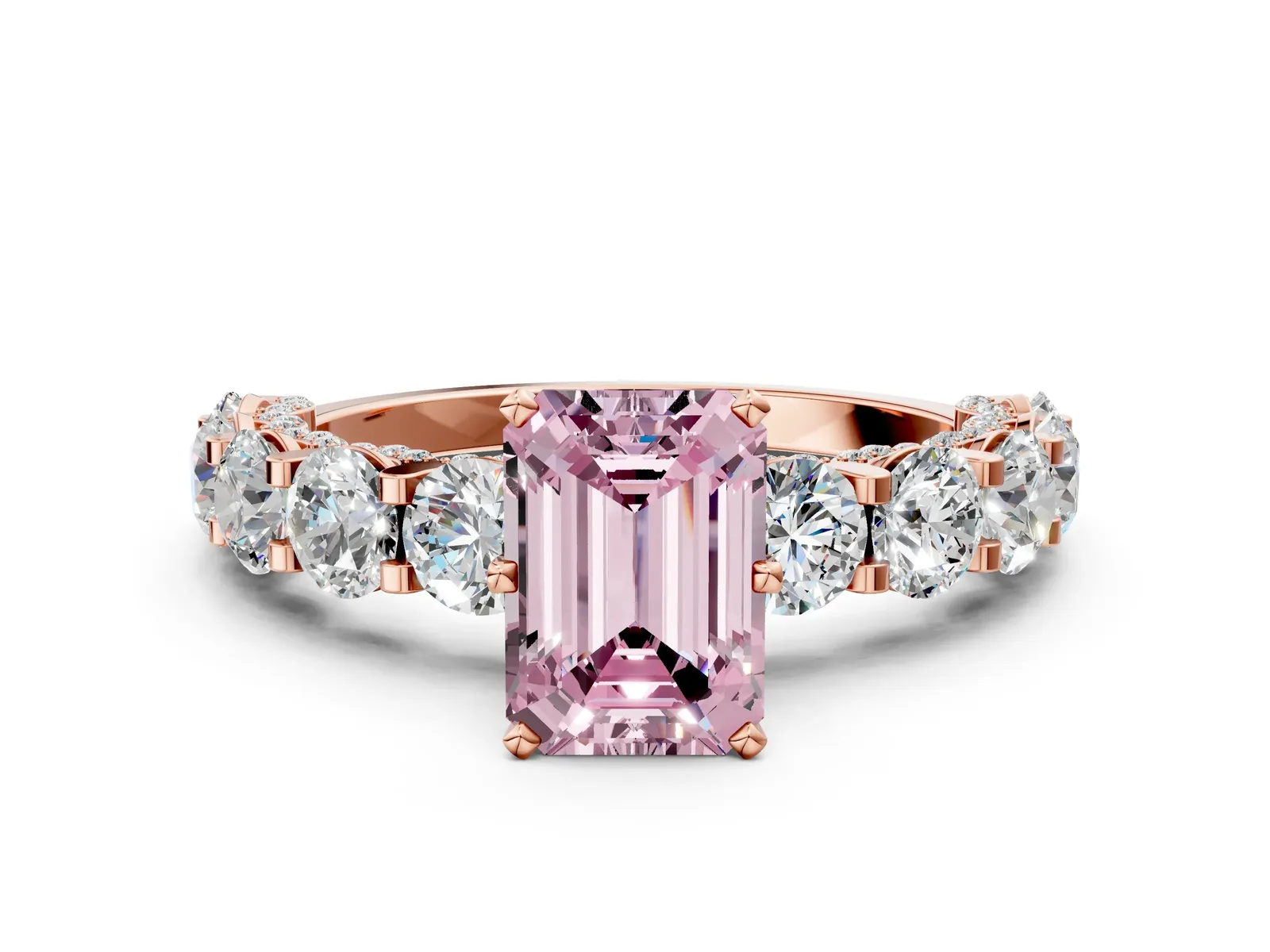 Fancy Pink Emerald Cut Diamond Side Stone Engagement Ring with Four-Prong Setting Rose gold