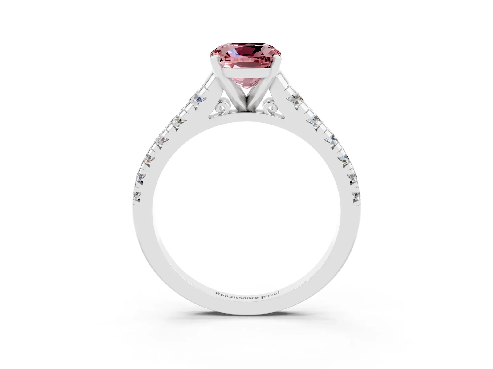Cushion Cut Morganite Cathedral Solitaire Ring with Round Pavé Band Platinum
