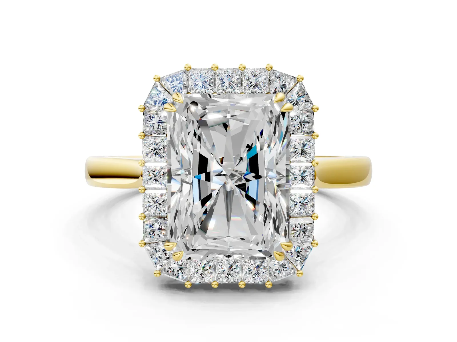 Radiant Diamond Baguette Halo Engagement Ring Yellow gold