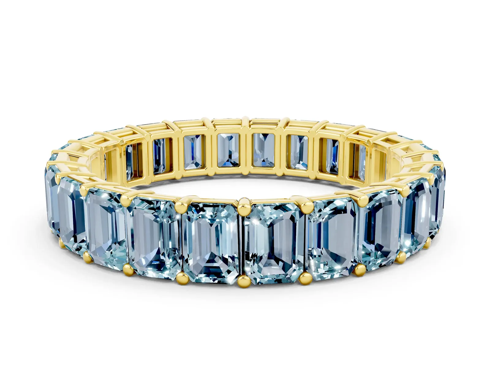 Emerald Cut Aquamarine Eternity Band with Shared Prong Setting Yellow gold