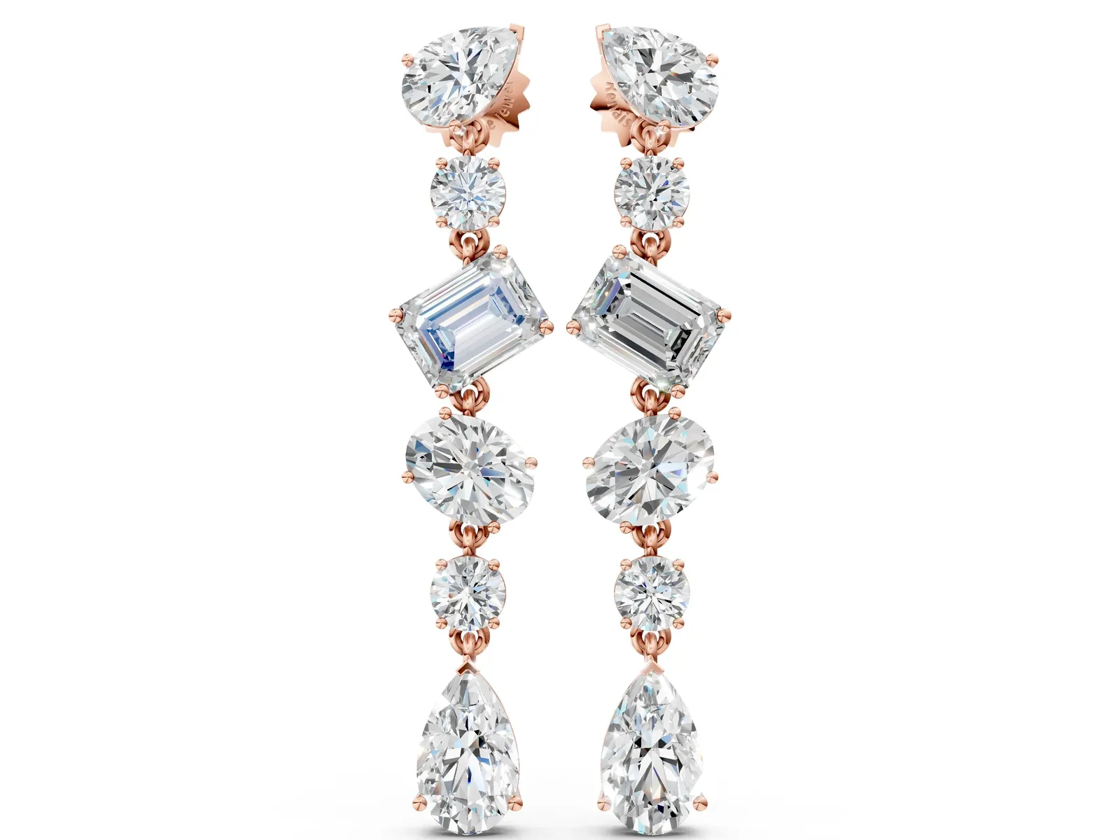 Pear, Oval, Emerald and Round Diamond Waterfall Drop Earrings Rose gold
