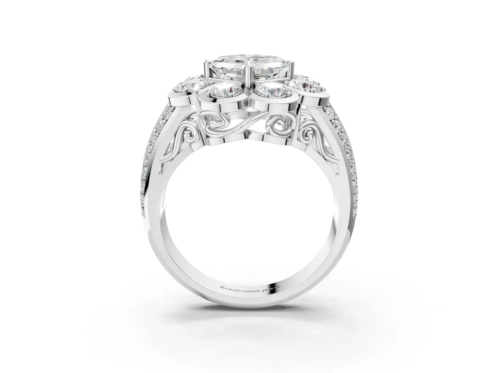 Asscher Cut Brilliant Flower Halo Diamond Split Shank Ring Platinum